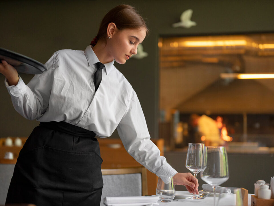 Kellnerin stellt in einem Luxusrestaurant ein Glas auf einen Tisch